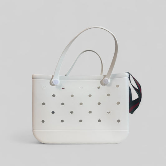 White XL bog bag with black and red strap